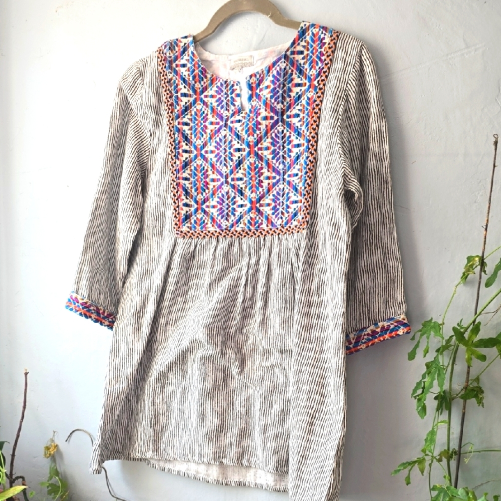 Boho Woven Accent Popover Shirt - Stripe Gauzy 100% Cotton World Market Sz S/M